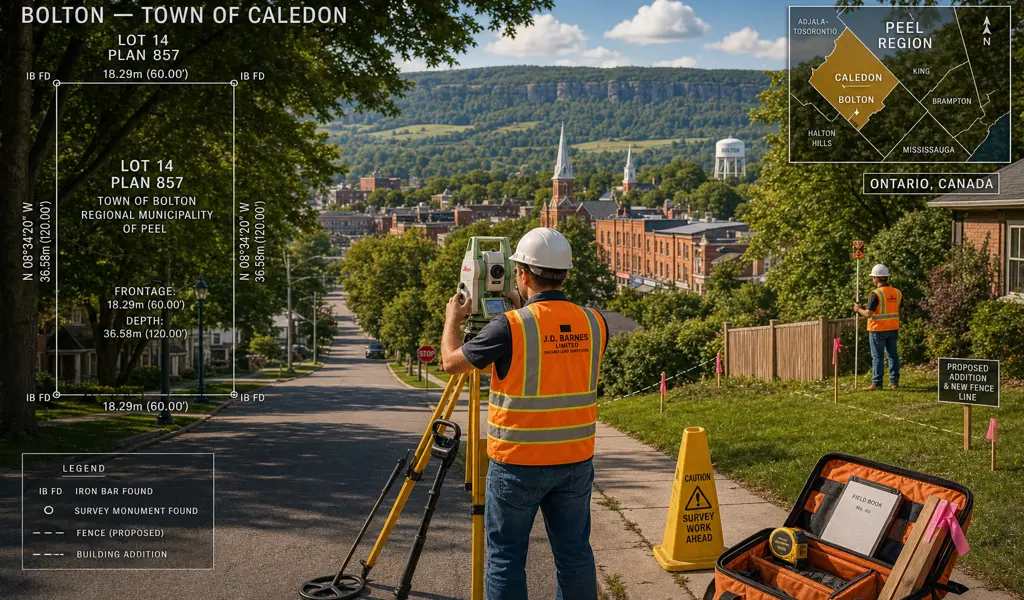 Land surveyors mapping property boundaries in Bolton, Ontario