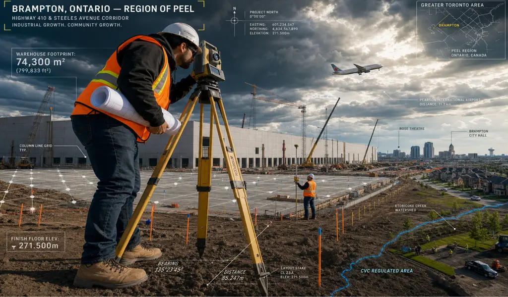Land surveyors setting up equipment on a busy Brampton development site