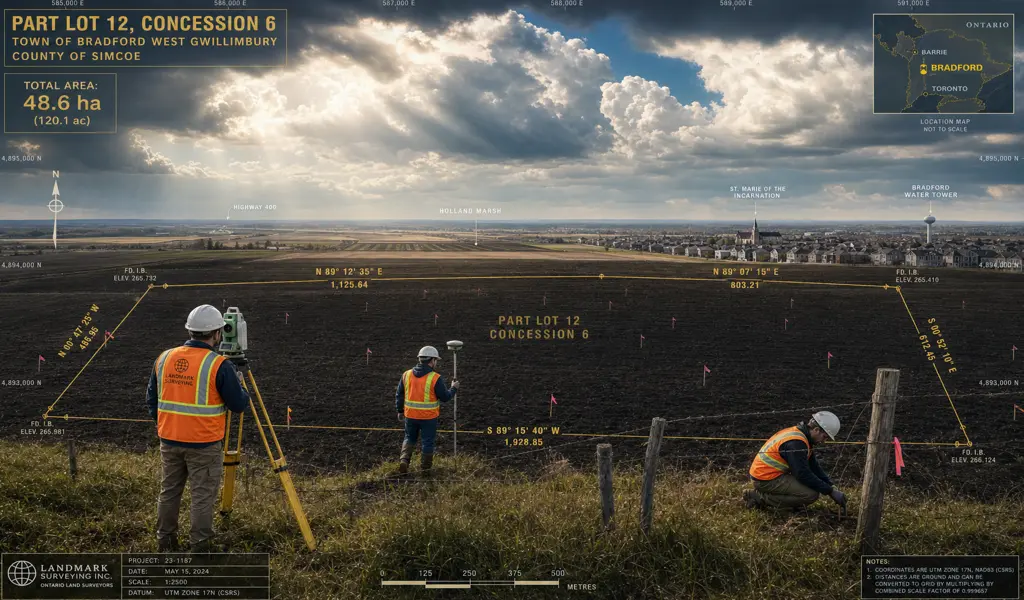 Surveyors mapping a large development parcel in Bradford, Ontario