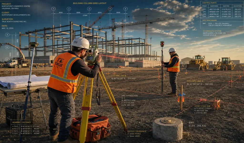 Professional land surveyors performing construction layout on a large commercial site