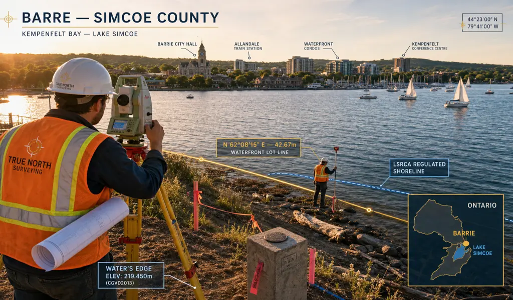 Land surveyors working on a commercial development site in Barrie, Ontario