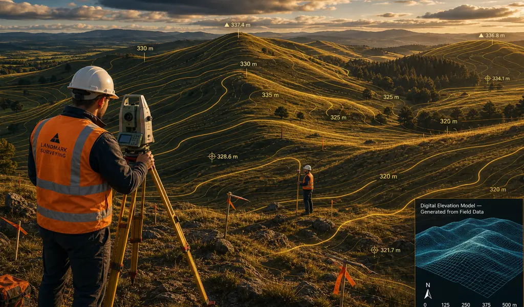 Surveyor using a total station for topographic mapping