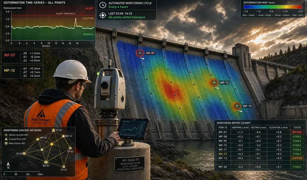 Surveying equipment tracking structural movement on a large construction site
