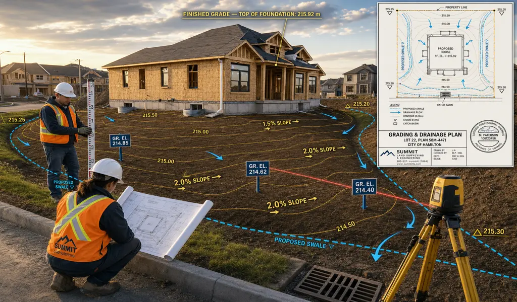 Surveying blueprint showing site and grading elevations