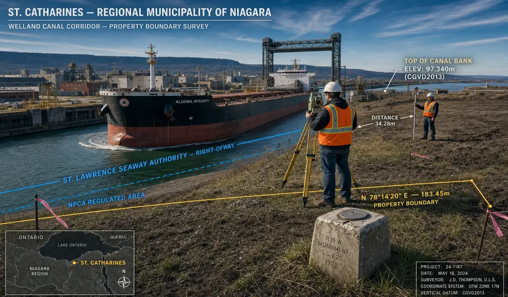 Surveyors mapping property boundaries near the Welland Canal in St. Catharines, Ontario