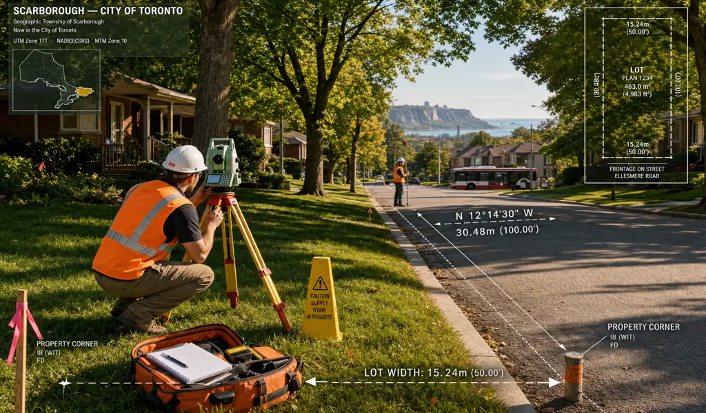 Surveying instruments set up in a Scarborough residential neighborhood