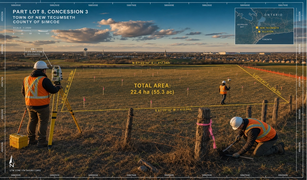 Surveyors mapping a large development site in Alliston, Ontario
