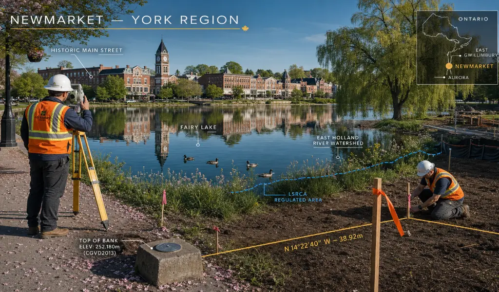 Professional land surveyors mapping a large development site in Newmarket, Ontario