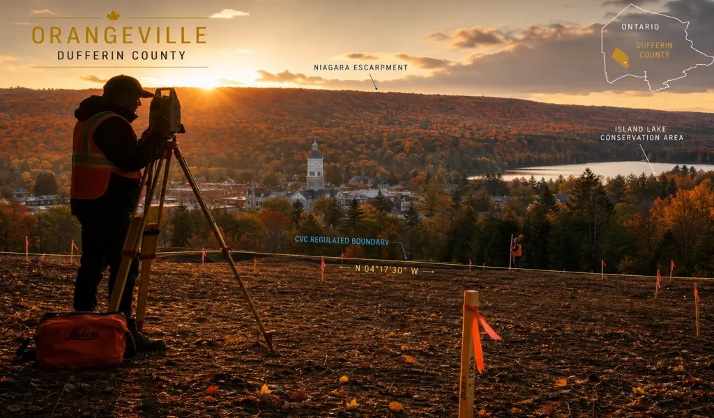 Surveyors mapping property boundaries near Island Lake in Orangeville, Ontario
