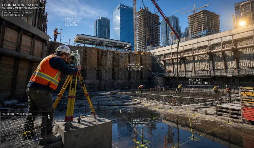 Surveyors mapping out a large commercial and residential development in Vaughan, Ontario